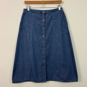 Vermont Country Store Womens Denim Midi Skirt Blue Button Front Cotton Small
